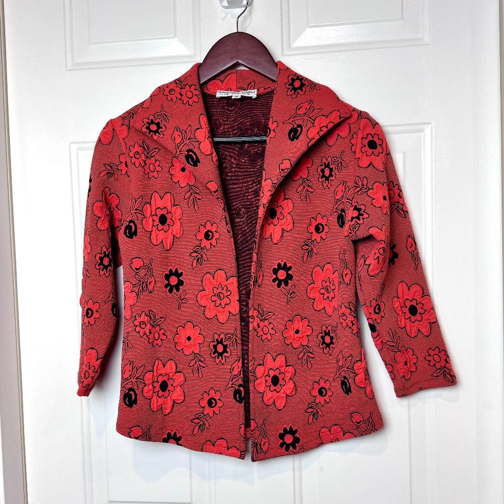 Ladies Andria Lieu Coral & Black Textured Jacket 3/4 Sleeve GUC Size Small